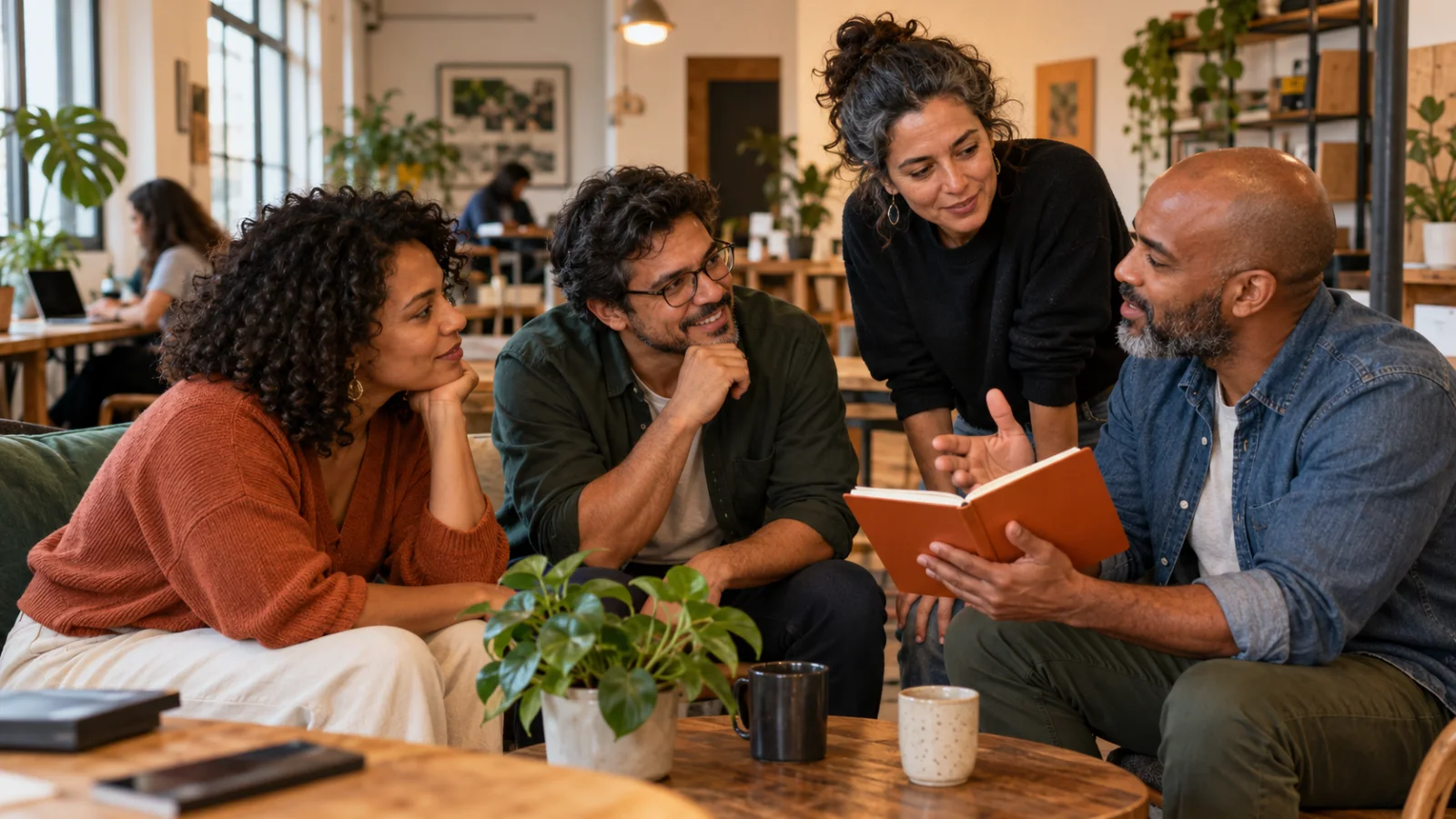 Quatro pessoas trocam ideias em um encontro informal de trabalho.