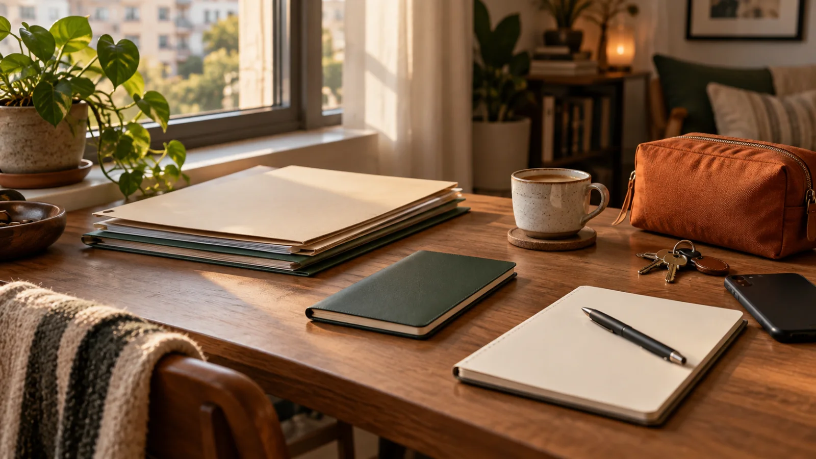 Pastas, caderno, estojo e capa de documento organizados em uma mesa de casa.