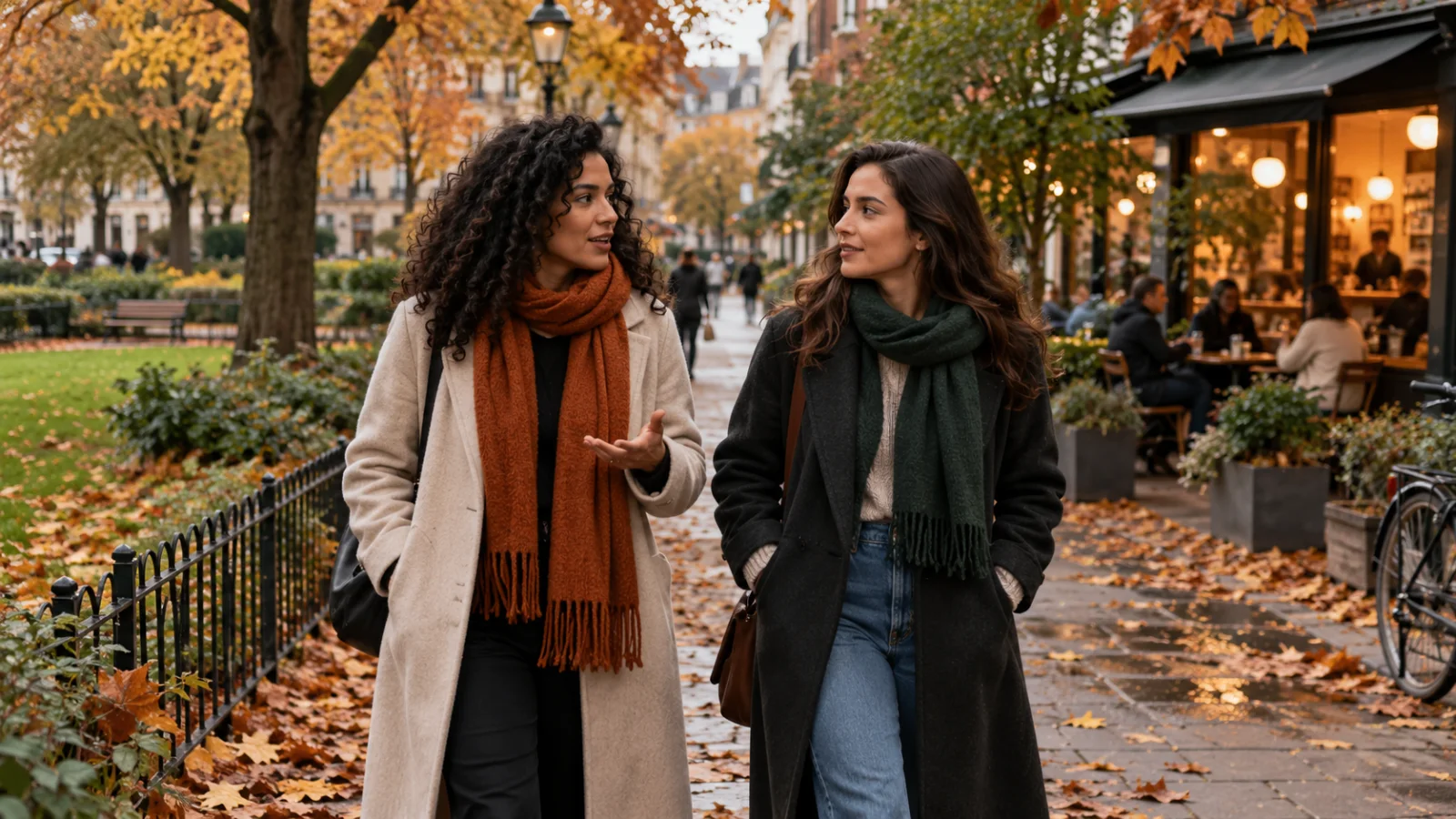 Duas amigas caminham e conversam junto a um parque com folhas de outono.